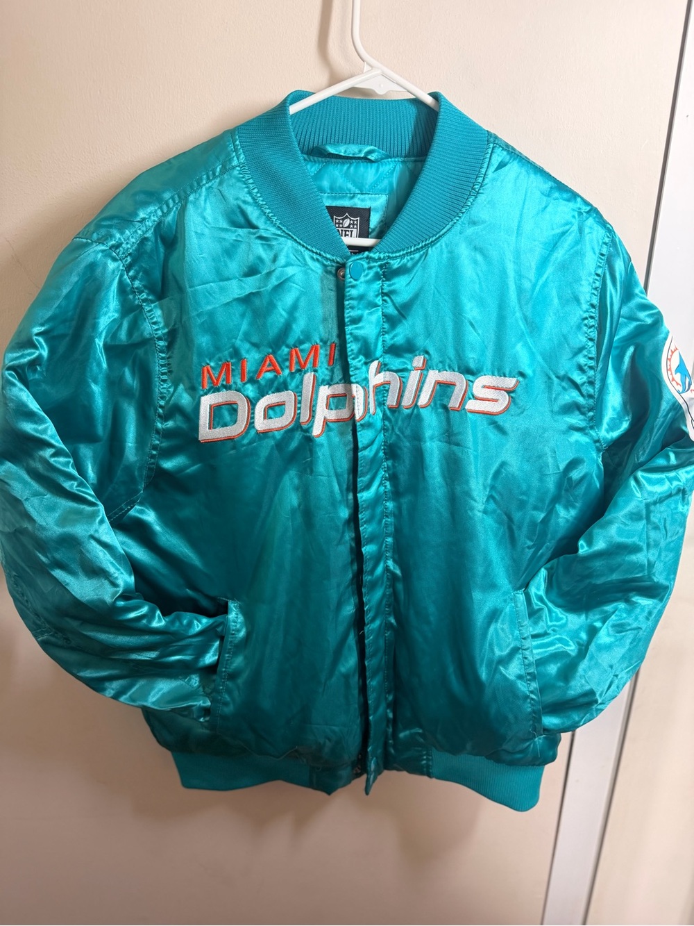 Miami Dolphins NFL Team Apparel Aqua Satin Bomber Jacket Men’s M